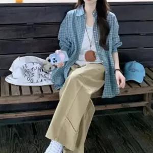 내추럴블루 유니크 그리드체크 루즈실루엣 오픈칼라셔츠 페미닌룩 데일리룩 러블리룩 심플룩