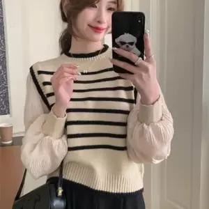 플리츠 주름 니트 단가라 크롭 스트라이프 LL WFLMF8R