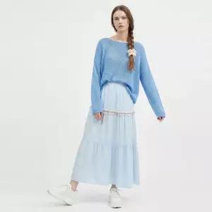 [샵앤] 여성 밴딩 캉캉 단추 포인트 플레어 롱스커트 EGG-WSK-21023