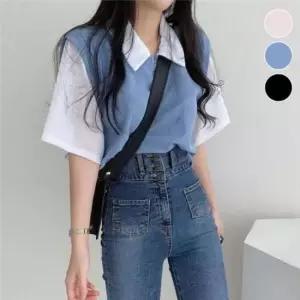 티셔츠 여름 레이어드 티 골지 반팔 니트 베스트 여성 패션