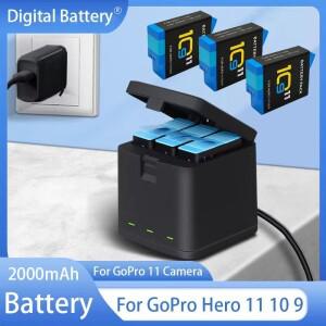 GoPro Hero 11 10 9 용 2000mAh 배터리 충전식 리튬 이온 팩 모션 카메라 보관함 정리함