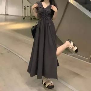 2컬러 꾸안꾸 우아한 셔링브이넥 여름 반팔 롱원피스