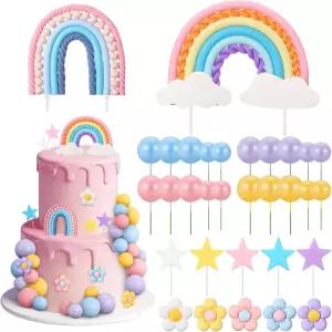 32개의 레인보우 케이크 토퍼와 플라워 스타 컵케이크 토퍼 파스텔 볼 생일 파티를 위한 보호 그루비 장식
