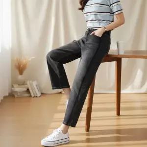 여성 융기모 데님 세미배기 뒷밴딩 워싱진