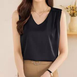 [오노마] ONM 핀턱 브이넥 민소매 블라우스 여유핏 무지 오피스룩 (S10526948)