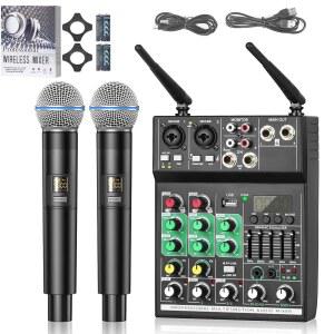 4채널 오디오 믹서, 듀얼 무선 마이크를 갖춘 프로페셔널, 사운드 보드 콘솔 시스템 인터페이스 DJ 믹서 BT USB MP3 컴퓨터 입력 48V 팬텀 파워, DJ 노래방 기타에 적합