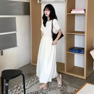 [하프클럽/]여성용 허리 반소매 롱 핀턱 마원단 원피스