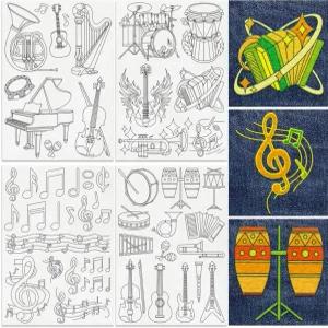 40개 악기 자수 패턴 안정기 8.3인치 x11.7인치 음악 노트 수용성 스틱 및 스티치 스티커 4장 드럼 피아노