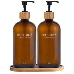 바인 크리에이션 앰버 유리 비누 디스펜서 세트, 대나무 트레이 포함 핸드 및 접시 주방 욕실용 16온스 병, 펌프 모던 보호 장식 (앰버)