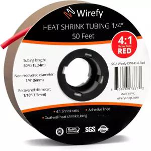 와이어피 1 /4 열 수축 튜브 - 4 비율 접착 안감 저항성 50피트 롤 빨간색
