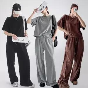 여성 벨로아 세미크롭 반팔티 와이드팬츠 트레이닝 세트 츄리닝 벨벳 셋업 -WPST0459- 가을 겨울