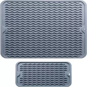 실리콘 식기 건조 매트 - 미끄럼 방지 2팩 주방 카운터 싱크대 냉장고 또는 서랍 라이너용 대형 내열 배수