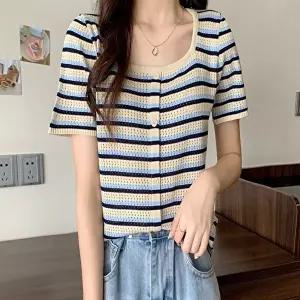 여자 스퀘어넥 스트라이프 가디건 반팔 단가라 여름 (KYR-WFGG6OP)