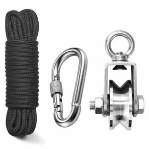 [미국배송] TOOTACI 48MM 스테인리스 스틸 크레인 풀리 블록 앤 태클 시스템 로프용 V형 회전 휠 내부의 헤비 듀티 베어링 1/4인치 나일론 로프 33피트 및 스프링 스냅 클립 링크 후크 포함