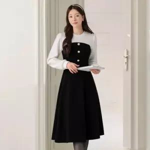 XL까지) 우넬 배색 플레어 니트 원피스 겨울 데이트룩 하객룩 오피스룩 모임룩 격식룩 상견례 빅사이즈