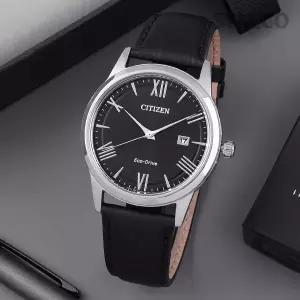 [시티즌] AW1231-07E 에코드라이브 라운드 블랙 아날로그 캐쥬얼 정장 남자 가죽 시계 d