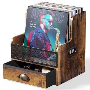 JunVpic 서랍이 있는 비닐 레코드 보관 상자, 나무 및 금속 홀더 가정, 데스크탑 음악실용 LP 앨범 정리함, 앨범, 책, 파일용 60개 이상의