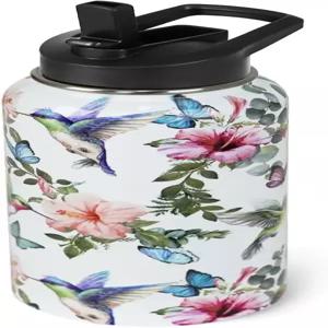 빨대가 달린 벌새 물병 이중 벽 진공 단열 스포츠 병 새 꽃 여행 열 컵 누수 방지 스테인리스 스틸 텀블러