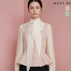 여성 페플럼 트위드 타이 블라우스