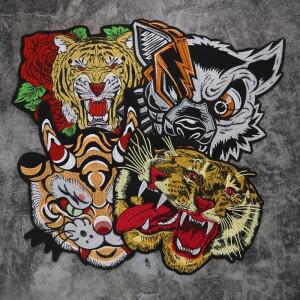 격렬한 호랑이 머리 자수 패치 의류 재킷용 아이언 동물 스티커 대형 바이커 아플리케