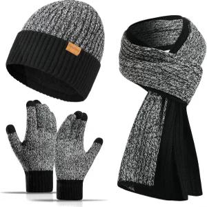 플로컨시 남성용 겨울 모자 스카프 장갑 세트 3PCS 따뜻한 비니 롱 플리스 안감 터치스크린