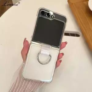 삼성 갤럭시 Z 플립 6 5 4 용 링 홀더 투명 매트 케이스 삼성 플립 6 ZFlip5 용 투명 솔리드 컬러 아크릴