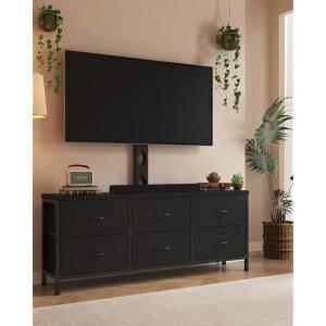 마운트가 있는 DrawXynth TV 스탠드, 32/45/55/60/65/75인치 TV를 위한 6개의 서랍이 패브릭 서랍장, 블랙 서랍 엔터테인먼트 센터, 모던 미디어 콘솔 테이블
