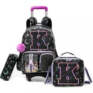 Meetbelify 여아용 롤링 백팩, 바퀴 달린 초등학생용, 학교 가방, 도시락 포함, 필통 만 6-8세 158698