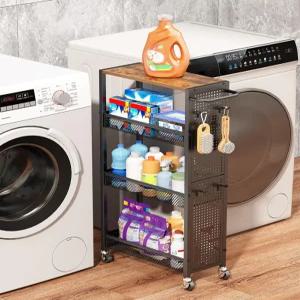 유틸리티 슬림 수납 카트 4단 소형 롤링 주방 세탁실 정리 우드 탑 메탈 좁은 선반 캐비닛 유닛 세탁 작은