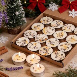 라벤더 향의 티라이트 캔들 64팩 - 4시간 팜 왁스 화이트 티라이트, 식물 건조 꽃 티 캔들(파라핀 프리), 가정용/요가/목욕/명상용 보티브