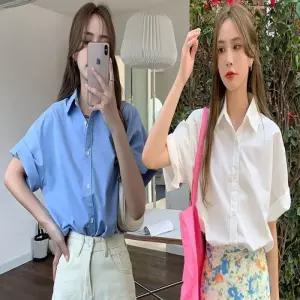 여자 루즈핏 시원한 소매 남방 여름 반팔 셔츠 롤업