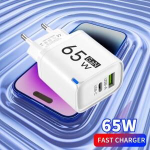 65W GaN 고속 충전기 3.0 USB-A/C 듀얼 포트 휴대폰 벽면 충전기 (아이폰, 삼성, 샤오미, 포코용) 여행용 충전기