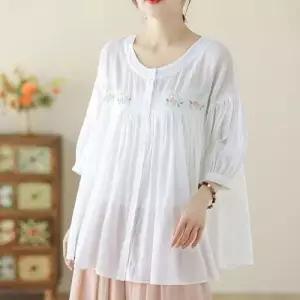 여성 여름 루즈핏 라운드 플라워 자수 5부 블라우스 WF2F549