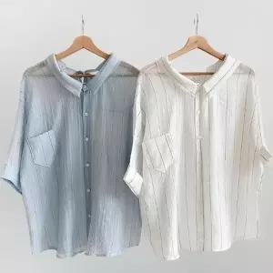 여성 여름 스트라이프 롤업 반팔 셔츠 포켓 시스루 블라우스