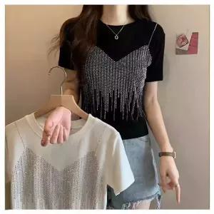 반짝이 티셔츠 슬림 상의 반팔 댄스복 댄스 라인