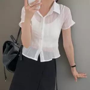 여성 시스루 여름 반팔 크롭 카라 셔츠 슬림핏