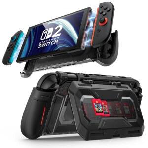 플립 스탠드가 있는 스위치 2 케이스용 뭄바 도킹 가능 [ ] 인체공학적 그립 보호 커버 게임 카드 5장과 TF 2장 T 액세서리 및 퀵 릴리스 조이콘 디자인(블랙)