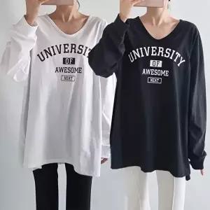 [유야]여성 레터링 면 브이넥 긴팔 롱티셔츠 STS0414 봄 가을