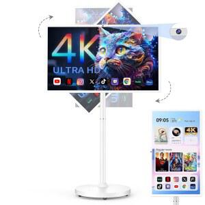 비스프리코 32인치 UHD 4K 휴대용 스마트 TV 온 휠, 퀄컴 스냅드래곤 710 CPU, 내장 8-10H 배터리, 8+128GB, 안드로이드 14 OS 터치스크린 모니터, 8M