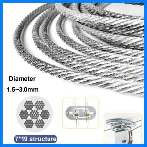 7x19 구조 304 스테인리스 스틸 와이어 로프 직경 1.5-3.0mm 커튼 로프 애완동물 벨트 및 전송 로프에 적합