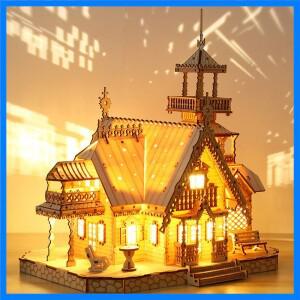 DIY 빌라 3D 나무 모델 키트 라이트 캐슬 퍼즐 조립 장난감 어린이 성인 모델 키트 크리스마스 장식 어린이