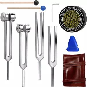 튜닝 포크 힐링 세트(128Hz 256Hz 512Hz 528Hz) - 사운드 테라피 스트레스 해소 명상 차크라 요가를 위한