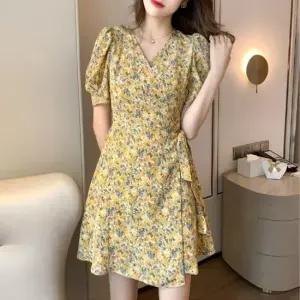 [라일리여성의류] Rly 퍼프 여름 반팔 브이넥 랩 쉬폰 플라워 원피스