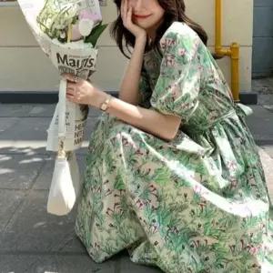 [옷자락]여자 봄 여름 데일리룩 데이트룩 플라워 퍼프 미디 원피스