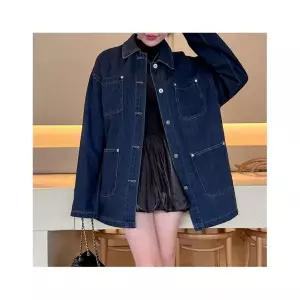 삐까삐까 여성 카라넥 진청 데님 롱 자켓 오버핏 하프 청자켓 스타일리쉬 간절기 아우터