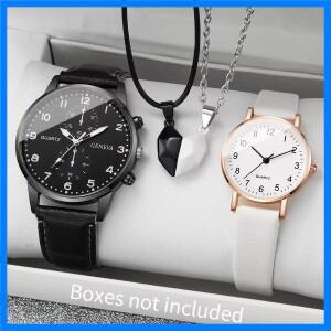 4PCS 커플 시계 세트 패션 남성 비즈니스 시계 캐주얼 가죽 스트랩 여성 손목 시계 목걸이 세트 (상자 없음