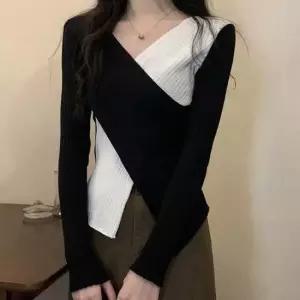 여성 엑스형태 랩티셔츠 슬림핏 골지 니트 V넥 긴팔 골지니트