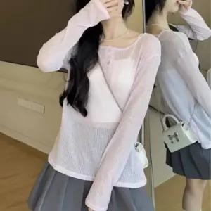 레이어드룩 여성 시스루 골지 버튼 긴팔티 레이어드 썸머 니트티