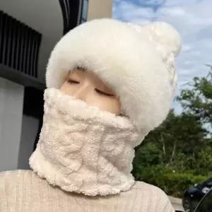 페이스 넥워머 모자 방한 트위스트 모자 풍성 퍼 니트짜임 겨울용품 방울비니 넥워머