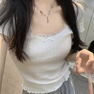 프릴소매 레이스 프릴 리본 반팔 니트탑 여성 여름 러블리 슬림